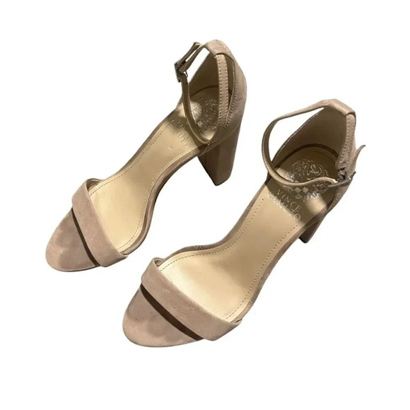 Vince Camuto Nude Suede Open Toe Ankle Strap Dress Block Heel Sandals Shoes 8.5 - Picture 2 of 5